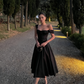 Vintage Black Square-Neck Tea-Length Ruched Bodice Evening Gown DP7400