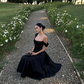 Vintage Black Square-Neck Tea-Length Ruched Bodice Evening Gown DP7400