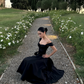 Vintage Black Square-Neck Tea-Length Ruched Bodice Evening Gown DP7400