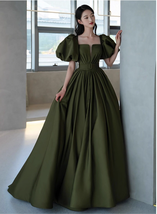 Vintage Dark Green Satin A-Line Sweet 16 Quinceanera Puffy Sleeves Sash Evening Dress Floor Length Ball Gown DP6898
