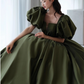 Vintage Dark Green Satin A-Line Sweet 16 Quinceanera Puffy Sleeves Sash Evening Dress Floor Length Ball Gown DP6898