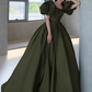 Vintage Dark Green Satin A-Line Sweet 16 Quinceanera Puffy Sleeves Sash Evening Dress Floor Length Ball Gown DP6898
