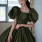 Vintage Dark Green Satin A-Line Sweet 16 Quinceanera Puffy Sleeves Sash Evening Dress Floor Length Ball Gown DP6898
