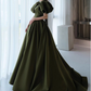 Vintage Dark Green Satin A-Line Sweet 16 Quinceanera Puffy Sleeves Sash Evening Dress Floor Length Ball Gown DP6898