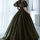 Vintage Dark Green Satin A-Line Sweet 16 Quinceanera Puffy Sleeves Sash Evening Dress Floor Length Ball Gown DP6898