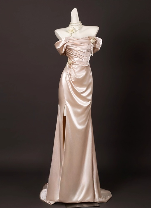 Vintage Champagne Pink Satin 3D Flowers Beaded Prom Dress Sheath Off-the-shoulder Evening Gown High Slit Party Dress Long Formal Dress DP6901