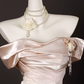 Vintage Champagne Pink Satin 3D Flowers Beaded Prom Dress Sheath Off-the-shoulder Evening Gown High Slit Party Dress Long Formal Dress DP6901
