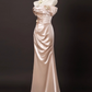 Vintage Champagne Pink Satin 3D Flowers Beaded Prom Dress Sheath Off-the-shoulder Evening Gown High Slit Party Dress Long Formal Dress DP6901