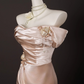 Vintage Champagne Pink Satin 3D Flowers Beaded Prom Dress Sheath Off-the-shoulder Evening Gown High Slit Party Dress Long Formal Dress DP6901