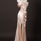 Vintage Champagne Pink Satin 3D Flowers Beaded Prom Dress Sheath Off-the-shoulder Evening Gown High Slit Party Dress Long Formal Dress DP6901