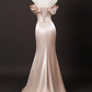 Vintage Champagne Pink Satin 3D Flowers Beaded Prom Dress Sheath Off-the-shoulder Evening Gown High Slit Party Dress Long Formal Dress DP6901