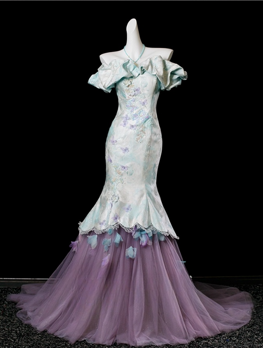 Chic Embroidery Beaded Mermaid Off-the-shoulder Prom Dress 3D Butterflies Evening Gown Party Dress Long Formal Dress DP6902
