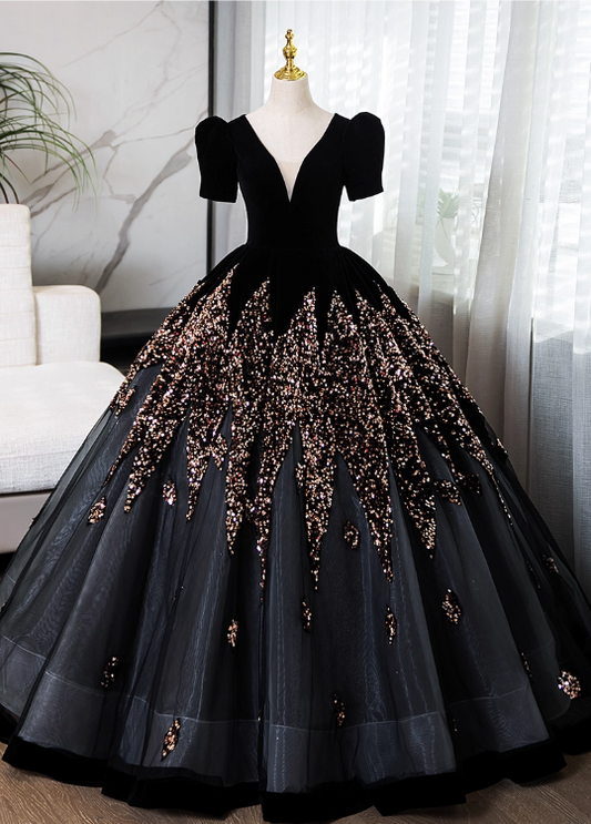 Chic Black V-neck Beaded A-Line Prom Dress Short-sleeved Evening Gown Party Dress Long Formal Dress DP6903
