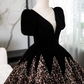 Robe de soirée trapèze noire chic à col en V et perles, manches courtes, robe de soirée longue et formelle DP6903