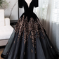 Robe de soirée trapèze noire chic à col en V et perles, manches courtes, robe de soirée longue et formelle DP6903