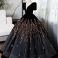 Robe de soirée trapèze noire chic à col en V et perles, manches courtes, robe de soirée longue et formelle DP6903