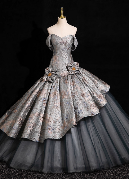 Chic Silver-gray 3D Flowers A-Line Prom Dress Off-the-shoulder Evening Gown Party Dress Long Formal Dress DP6904