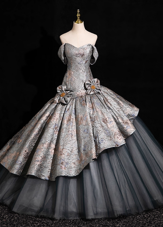 Chic Silver-gray 3D Flowers A-Line Prom Dress Off-the-shoulder Evening Gown Party Dress Long Formal Dress DP6904