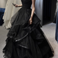 Vintage Black Glittering Tulle A-Line Prom Dress Strapless Evening Gown Sweetheart Ruffled Party Dress Long Formal Dress DP6905