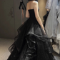 Vintage Black Glittering Tulle A-Line Prom Dress Strapless Evening Gown Sweetheart Ruffled Party Dress Long Formal Dress DP6905