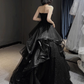 Vintage Black Glittering Tulle A-Line Prom Dress Strapless Evening Gown Sweetheart Ruffled Party Dress Long Formal Dress DP6905