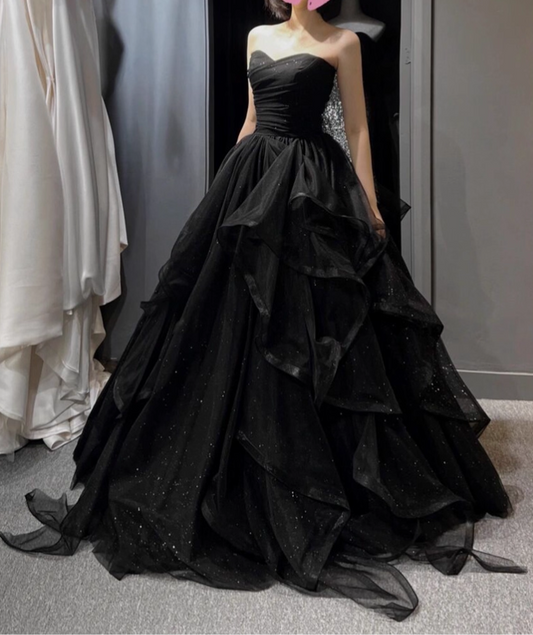 Vintage Black Glittering Tulle A-Line Prom Dress Strapless Evening Gown Sweetheart Ruffled Party Dress Long Formal Dress DP6905