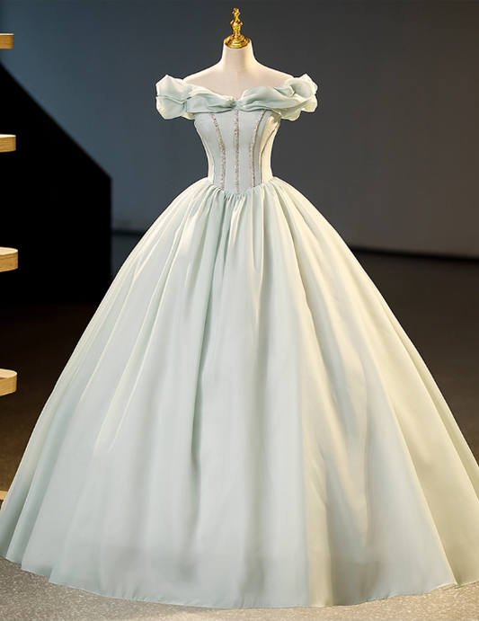 Vintage Sage Green Off-the-shoulder Prom Dress Beaded Evening Gown A-Line Party Dress Long Formal Dress DP6906