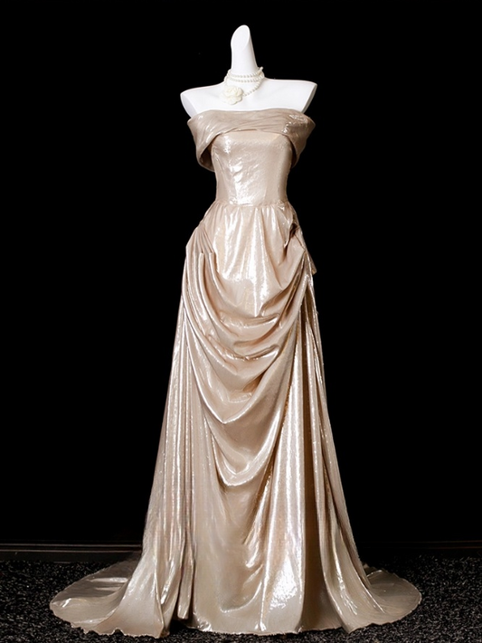 Vintage Champagne Strapless Prom Dress Sheath Evening Gown Satin Party Dress Long Formal Dress DP6907
