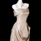 Vintage Champagne Strapless Prom Dress Sheath Evening Gown Satin Party Dress Long Formal Dress DP6907