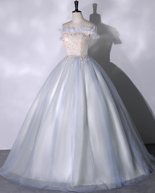 Vintage Embroidery A-Line Sweet 16 Quinceanera Off-the-shoulder Tulle Evening Dress Floor Length Ball Gown DP6908