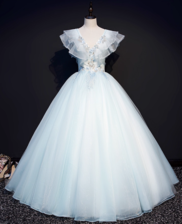 Vintage Sky Blue Applique Sweet 16 Quinceanera V-neck Tulle Evening Dress A-Line Floor Length Ball Gown DP6910