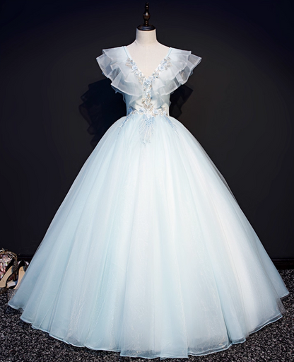 Vintage Sky Blue Applique Sweet 16 Quinceanera V-neck Tulle Evening Dress A-Line Floor Length Ball Gown DP6910