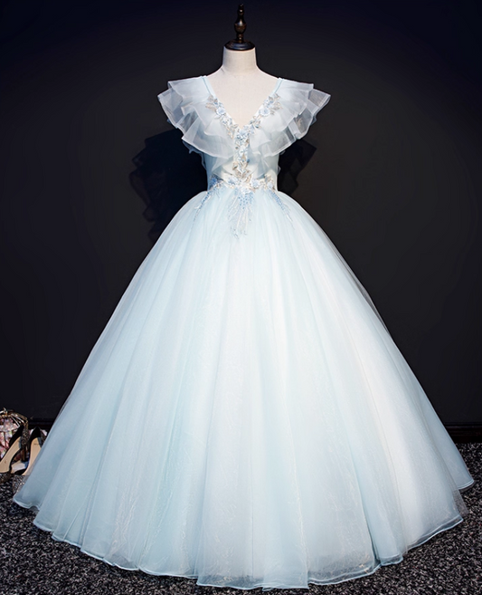 Vintage Sky Blue Applique Sweet 16 Quinceanera V-neck Tulle Evening Dress A-Line Floor Length Ball Gown DP6910