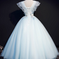Vintage Sky Blue Applique Sweet 16 Quinceanera V-neck Tulle Evening Dress A-Line Floor Length Ball Gown DP6910