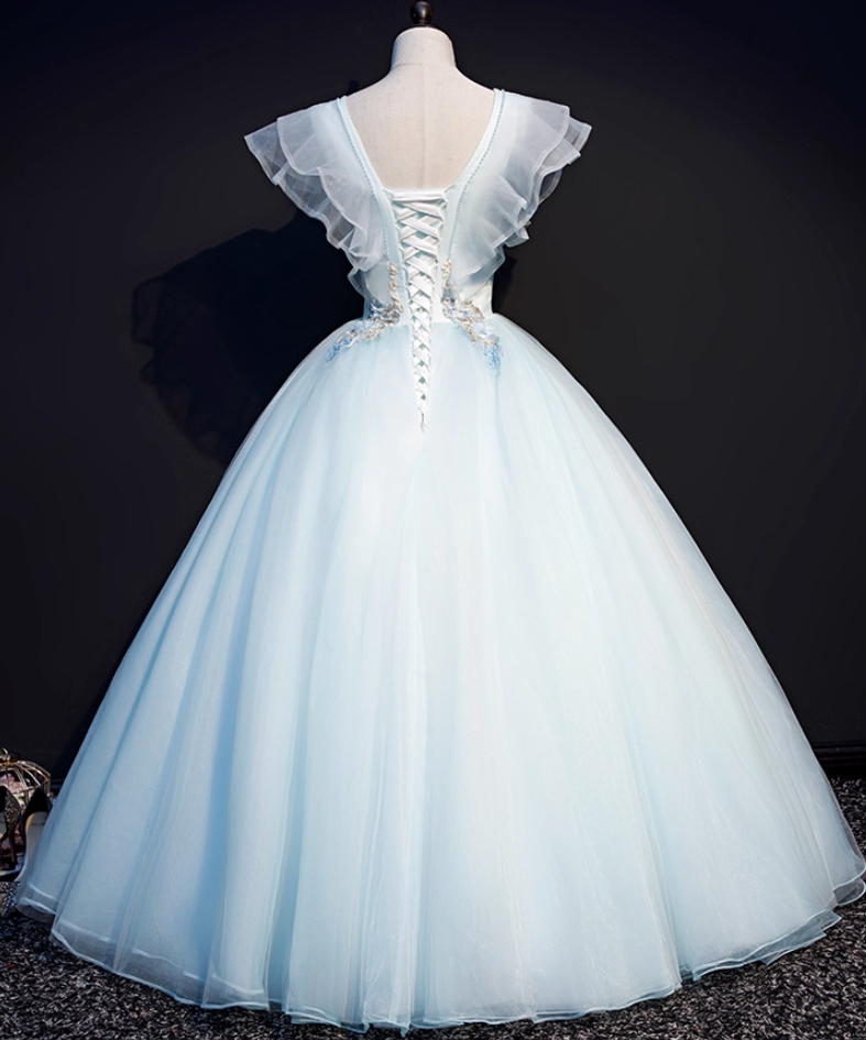 Vintage Sky Blue Applique Sweet 16 Quinceanera V-neck Tulle Evening Dress A-Line Floor Length Ball Gown DP6910