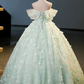 Vintage Light Green Tulle Sweet 16 Quinceanera Sweetheart Off-the-shoulder 3D Flowers Evening Dress A-Line Floor Length Ball Gown DP6911