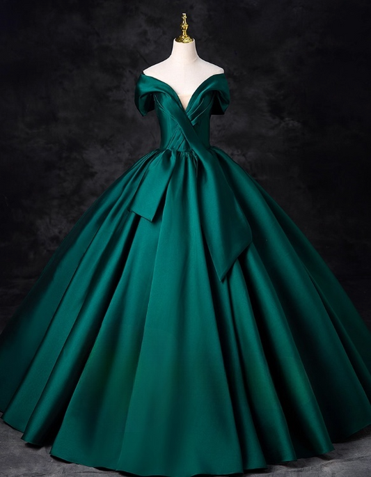 Vintage Dark Green Satin Sweet 16 Quinceanera V-neck Off-the-shoulder Evening Dress A-Line Floor Length Ball Gown DP6912