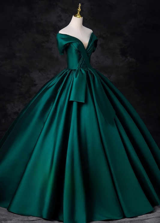 Vintage Dark Green Satin Sweet 16 Quinceanera V-neck Off-the-shoulder Evening Dress A-Line Floor Length Ball Gown DP6912