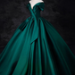 Vintage Dark Green Satin Sweet 16 Quinceanera V-neck Off-the-shoulder Evening Dress A-Line Floor Length Ball Gown DP6912