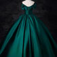 Vintage Dark Green Satin Sweet 16 Quinceanera V-neck Off-the-shoulder Evening Dress A-Line Floor Length Ball Gown DP6912