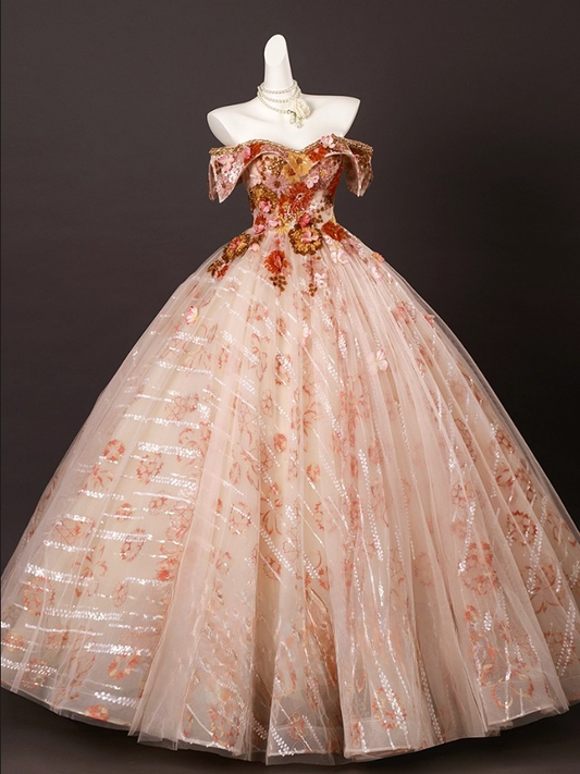 Vintage Floral Sequin Beaded Tulle Sweet 16 Quinceanera Sweetheart Off-the-shoulder Sweetheart Evening Dress A-Line Floor Length Ball Gown DP6913