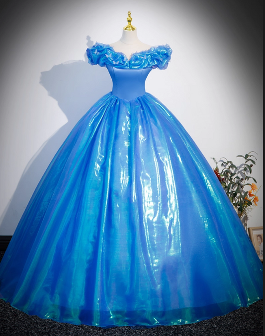 Vintage Blue Off-the-shoulder Tulle Sweet 16 Quinceanera Cinderella Style Evening Dress A-Line Floor Length Ball Gown DP6914