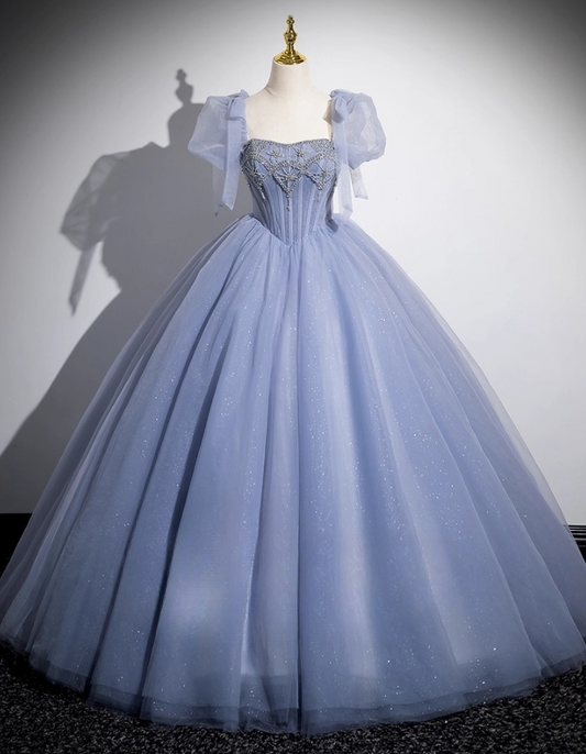 Vintage Dusty Blue Tulle Sweet 16 Quinceanera Beaded Evening Dress A-Line Floor Length Ball Gown DP6915