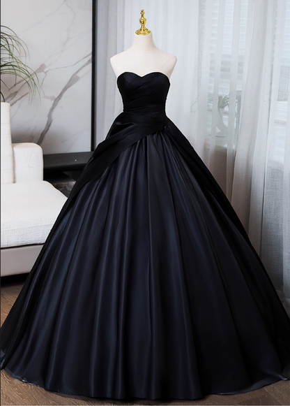 Elegant Black Satin Sweet 16 Quinceanera Sweetheart Strapless Evening Dress A-Line Floor Length Ball Gown DP6916