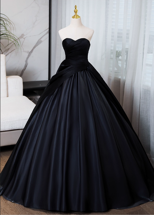 Elegant Black Satin Sweet 16 Quinceanera Sweetheart Strapless Evening Dress A-Line Floor Length Ball Gown DP6916
