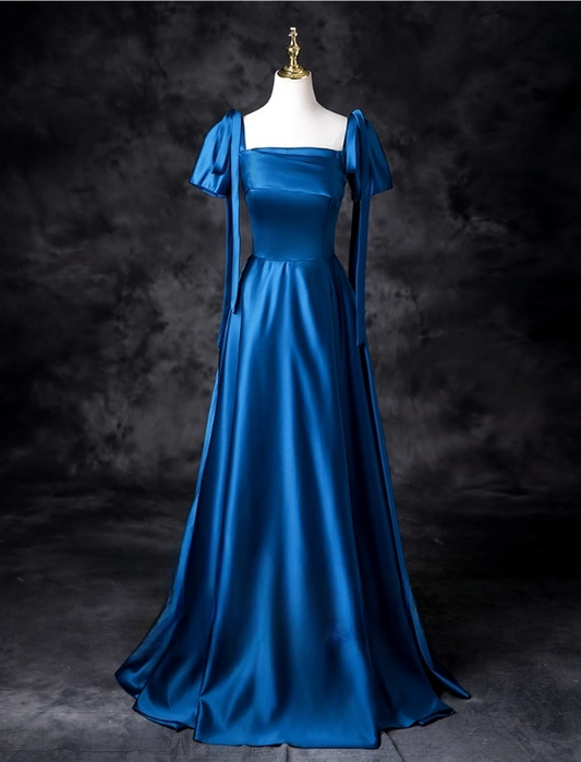 Vintage Royal Blue Satin Prom Dress A-Line Evening Gown Short-sleeved Party Dress Long Formal Dress DP6917