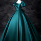 Robe de bal vintage en satin vert foncé, coupe trapèze, manches bouffantes, robe de soirée longue, robe de soirée formelle DP6918