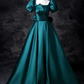 Robe de bal vintage en satin vert foncé, coupe trapèze, manches bouffantes, robe de soirée longue, robe de soirée formelle DP6918