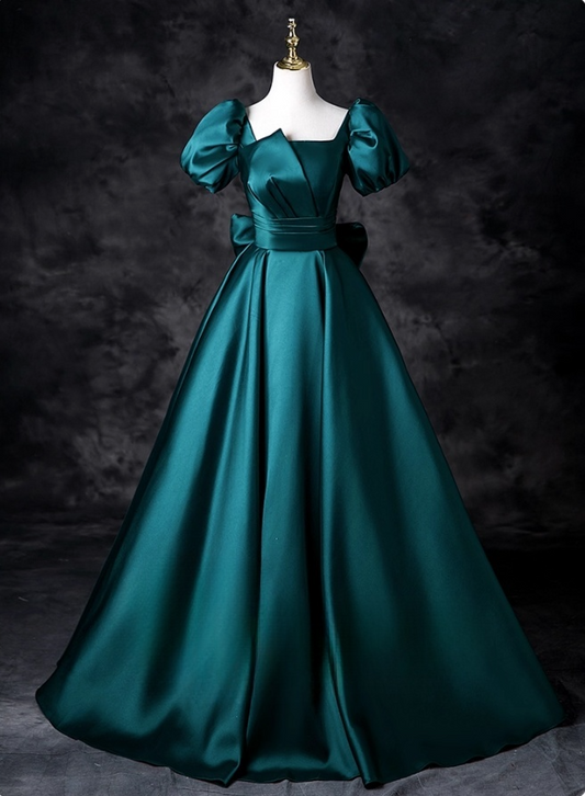 Vintage Dark Green Satin Prom Dress A-Line Evening Gown Puffy Sleeves Party Dress Long Formal Dress DP6918