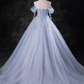 Elegant Sky Blue Applique Sweet 16 Quinceanera A-Line Sweetheart off-the shoulder Evening Dress Tulle Floor Length Ball Gown DP6920